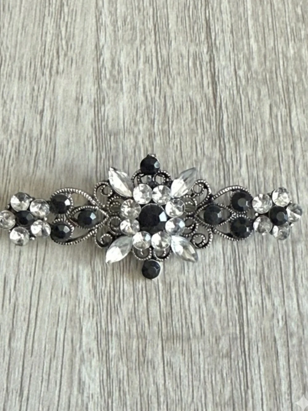 Vintage 1980s Black and Clear Rhinestone Brooch Pin Art Deco Avant Garde